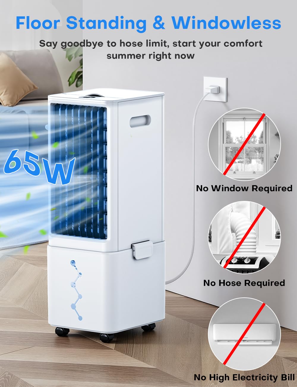 COOLECH Windowless Air Conditioner w/4 Mode & 3 Speed, Waterless Alert, 2.4-Gal Tank for 24H Cooling, 12H Timer,20FT Remote, 70° Auto Swing Evaporative Air Cooler, Portable Air Conditioner for Bedroom