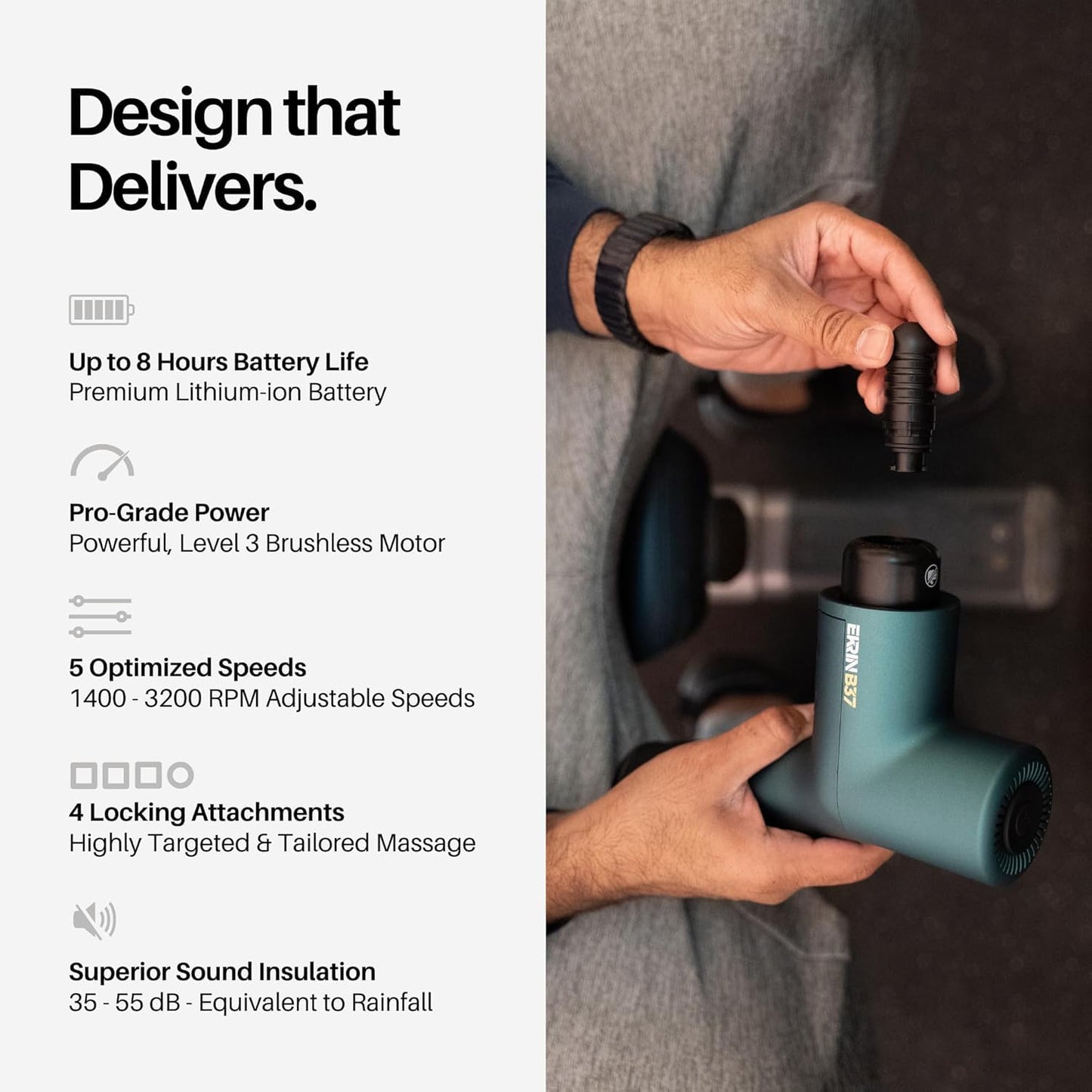 Ekrin Athletics B37v2 Massage Gun - Deep Tissue Massage with High-Powered Brushless Motor - Ergonomic Back Massager for Pain Relief - 5 Speeds, 4 Attachments - Ultra Quiet Hand-Held Massager