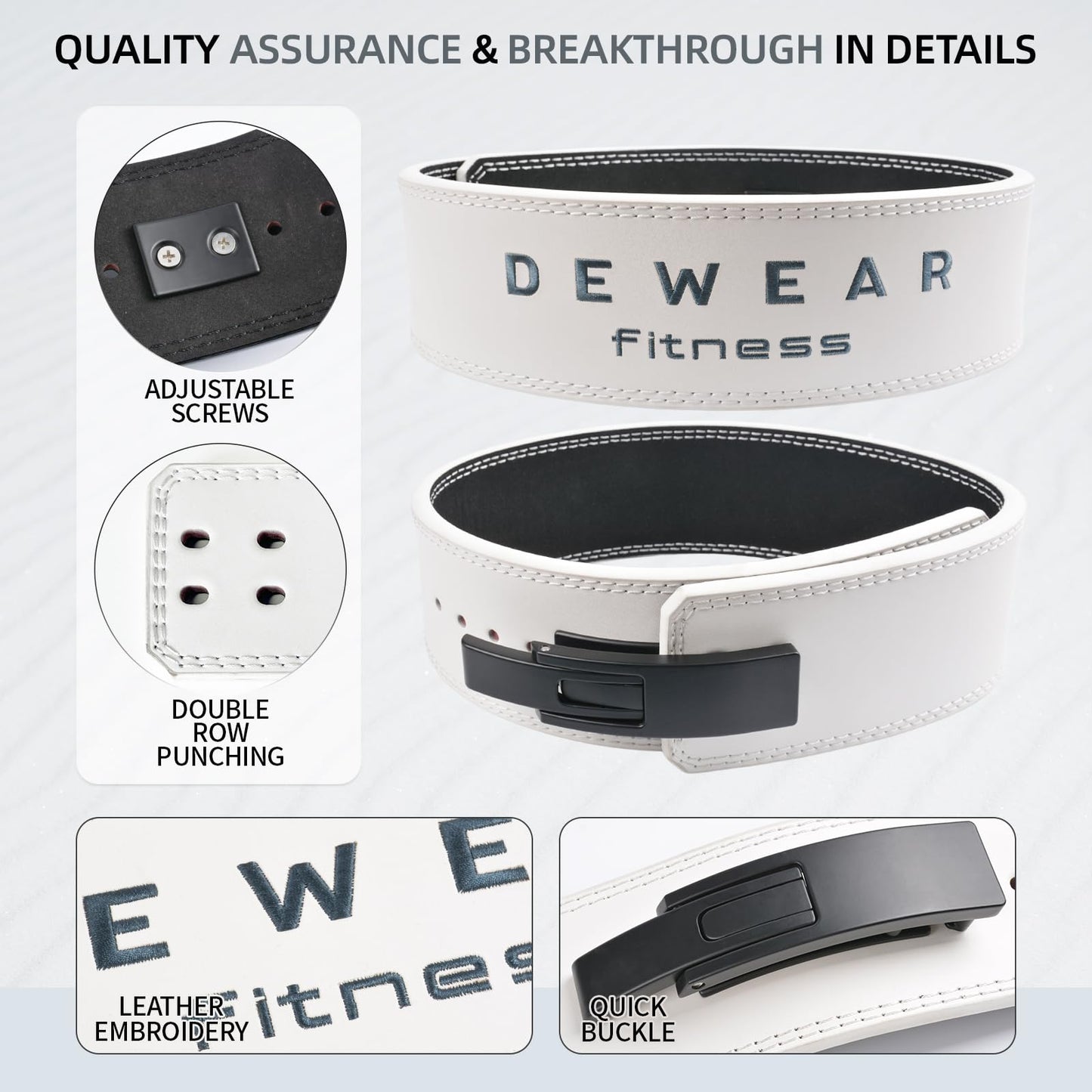 Genuine Leather Weight Lifting Belt with Lever Buckle, 10mm Thick 4" Leather Lumbar Back Support, Gym Belts Ideal for Training, Weightlifting, Bodybuilding, Squats and Deadlifts (White, L (40"-44"))