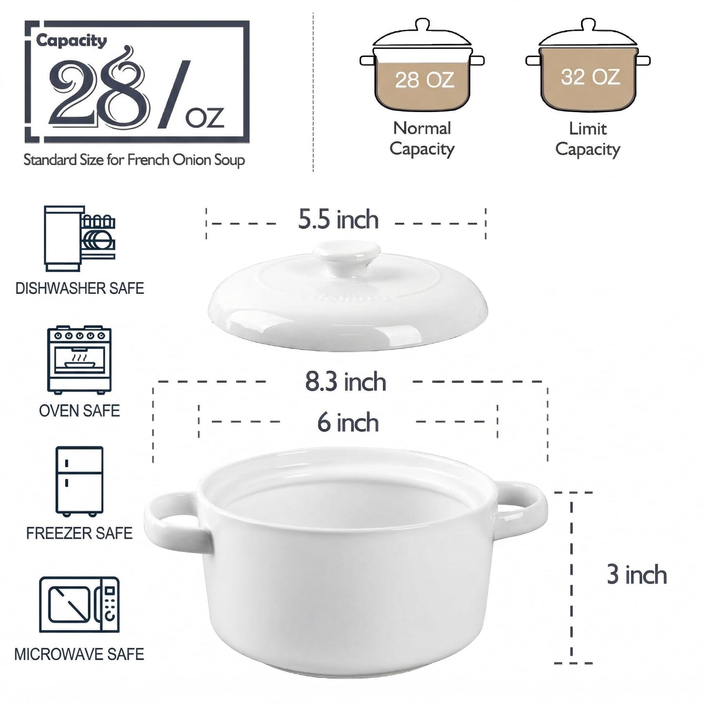 DELLING 28 Oz Soup Bowls with Handles and Lids Set of 4, Ceramic French Onion Soup Crocks Oven Safe - Large Soup Mugs for Chili Beef Stew Cereal Pot Pie, Microwave Safe, White