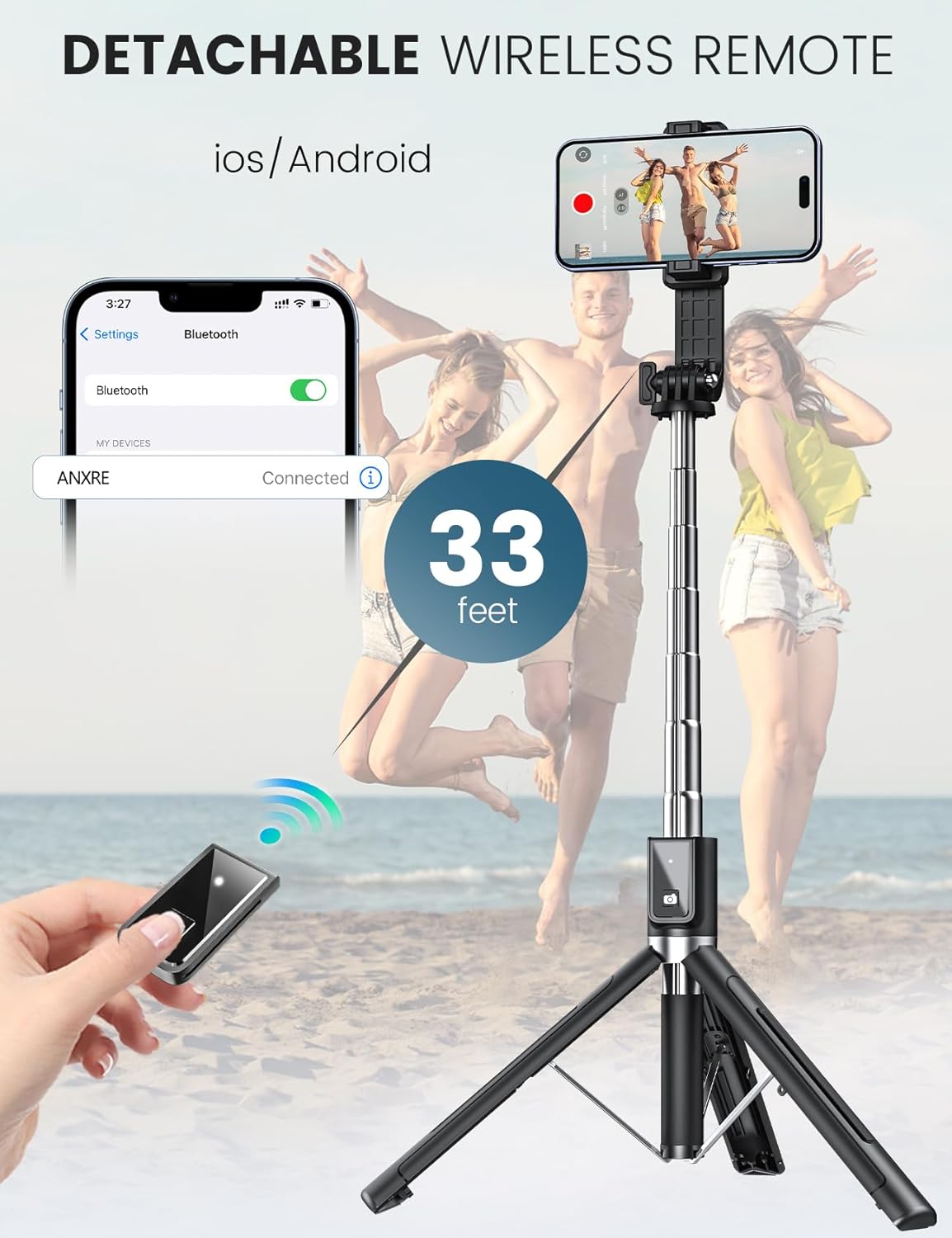 ANXRE 50" Selfie Stick Tripod with Fill Light and Stable Base, Extendable Phone Tripod with Detachable Wireless Remote
