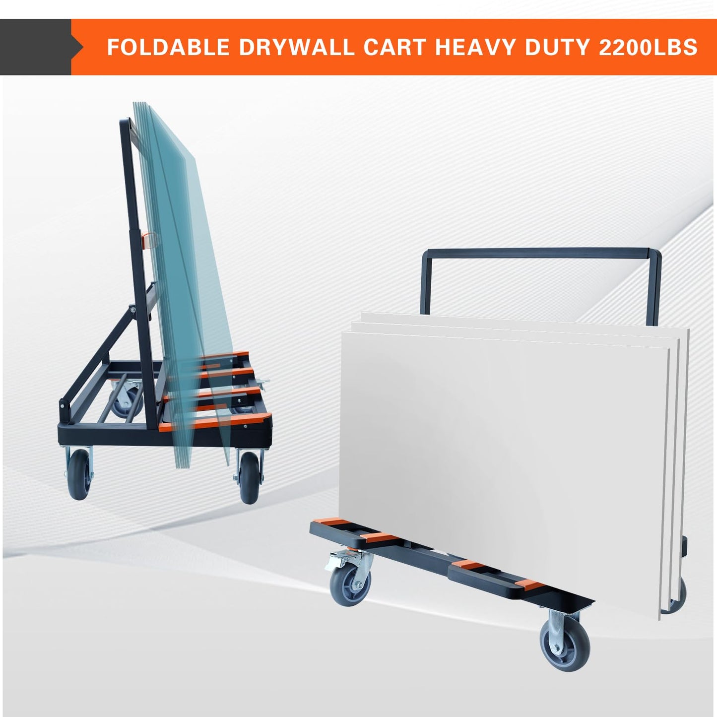 Shunwsw Upgrade Folding Drywall Cart Heavy Duty,2200 LBS Load Capacity Drywall Dolly,Portable Panel Cart for Moving Glass Panel Sheetrock Plywood Lumber (Orange)
