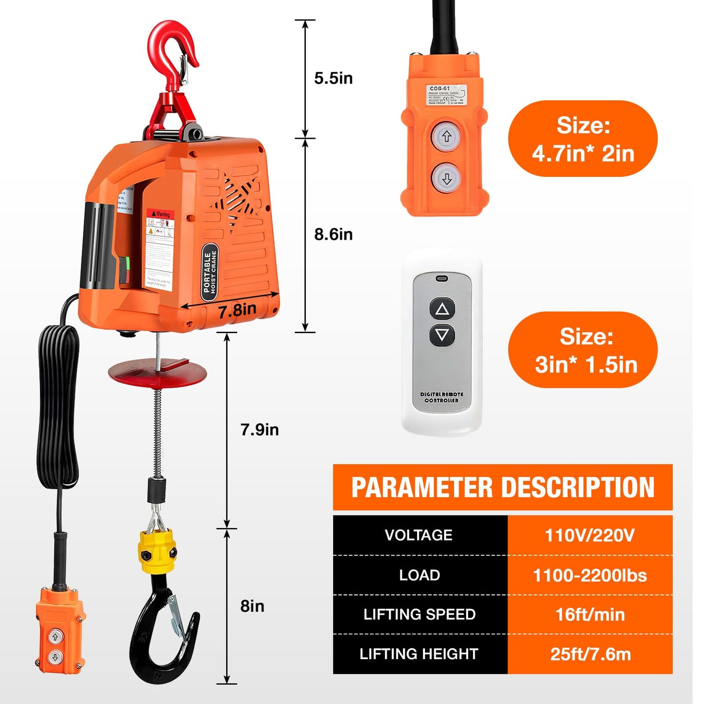 3-in-1 Electric Hoist with Remotes, 2200lb Capacity Portable Power Winch Crane 110V, 25ft Lifting Height (Orange, 3-IN-1-2200LBS)