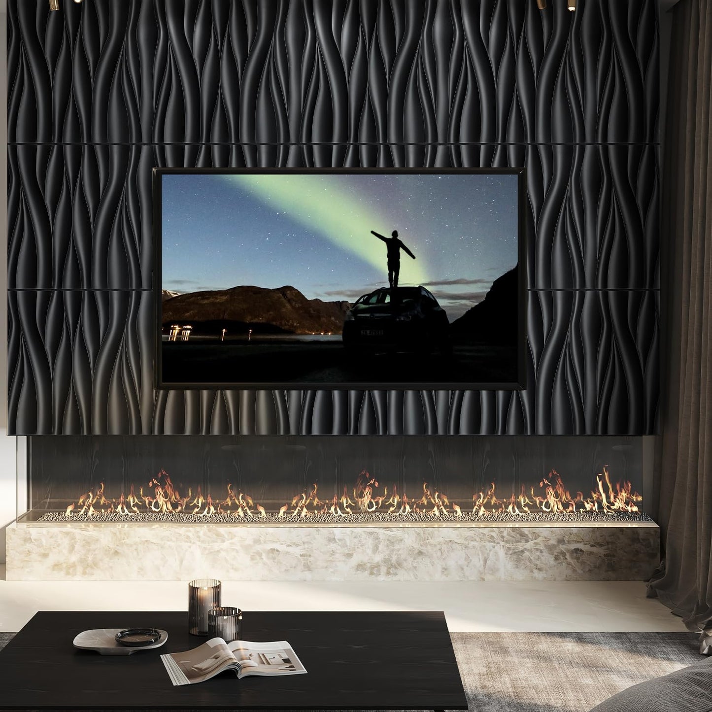STICKGOO Black 3D Wall Panels, Wave Design Textured PVC Wall Panels, 19.7''x19.7'' Modern Accent Wall Panels for Interior Wall Decor Bedroom Office Living Room