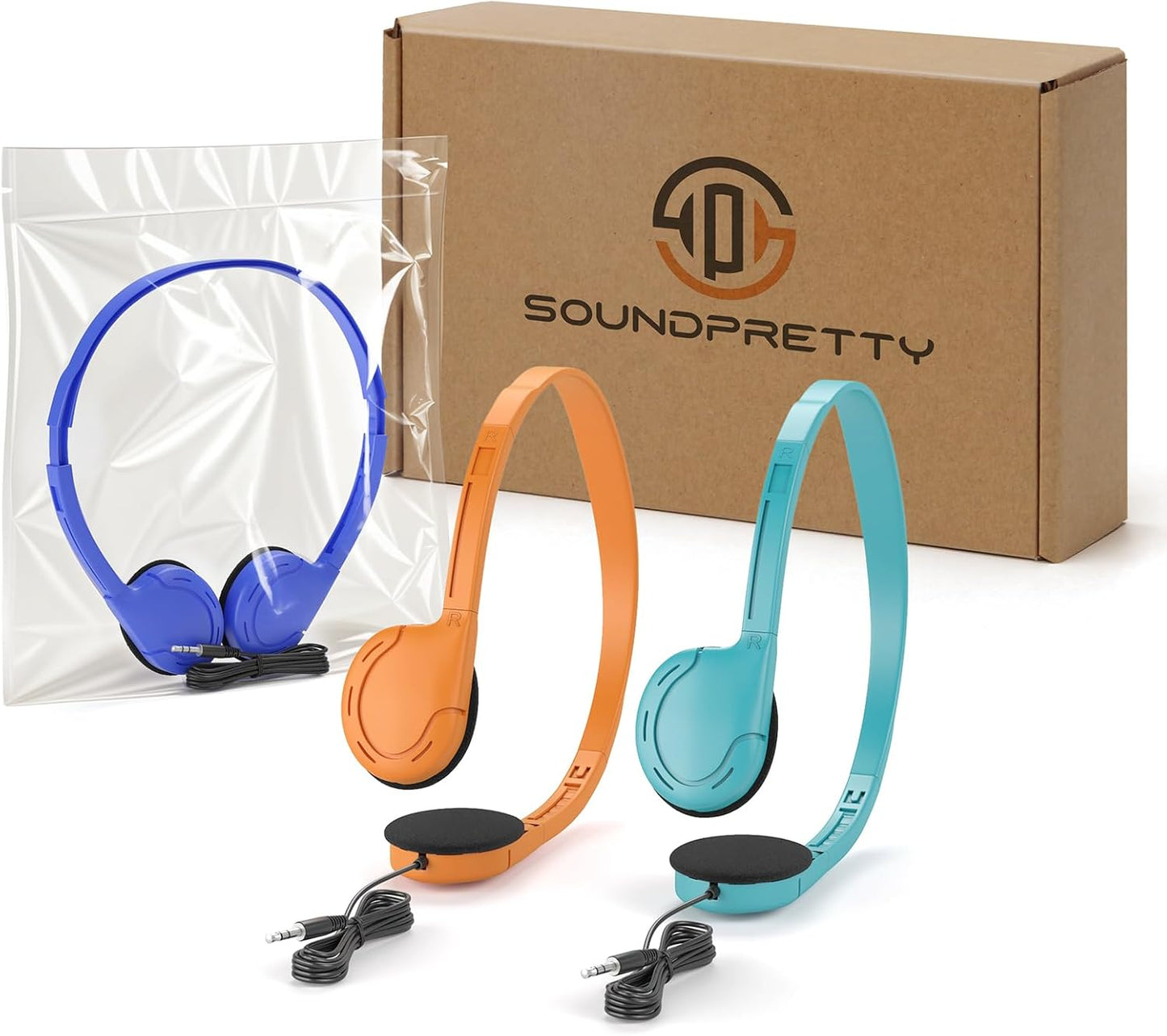 3 Pack 3.5mm 4ft 3 Bulk Headphones for School, Classroom, Students - On Ear with Jack, Tangle Free Cable, Colors