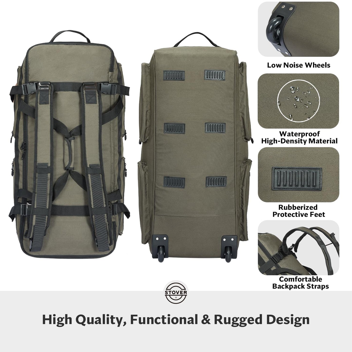 STOVER 45/80/100L U-Zip Rolling Duffel Bag with Wheels, X-Large Durable Travel Duffle + Toiletry Bag, Lay-Flat Opening, Packable w/Shoulder Straps- Use as Luggage or Backpack, Men/Women (Green)