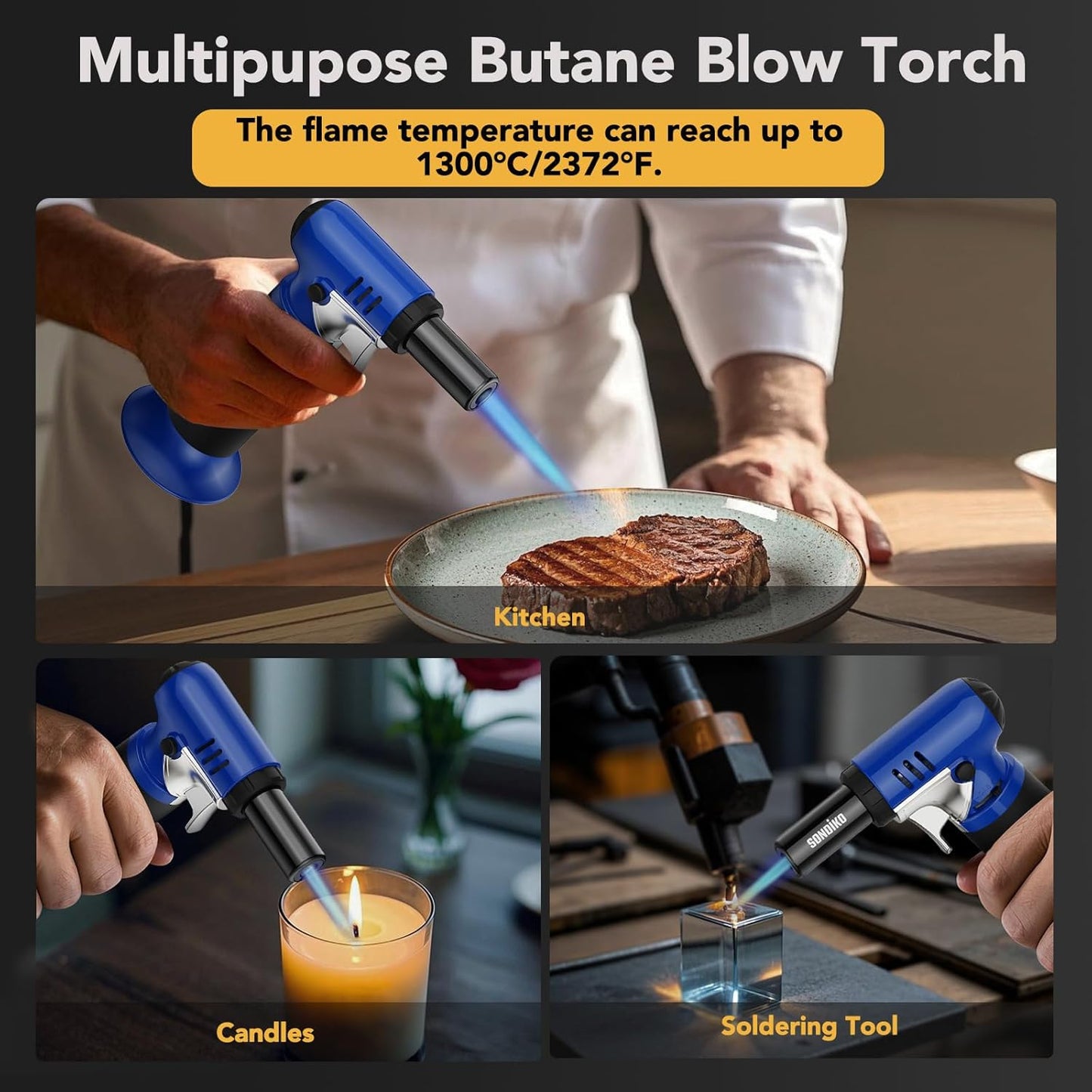 Sondiko Butane Torch - Adjustable Kitchen & Welding Torch for BBQ | Blue & Black Design