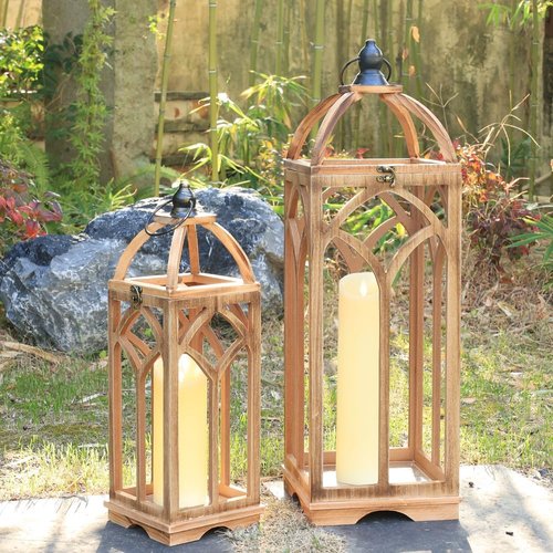 **DECORKEY Large Wooden Lantern Set - Rustic Indoor & Outdoor Candle Holders | 30’’/20’’H for Patio & Porch**