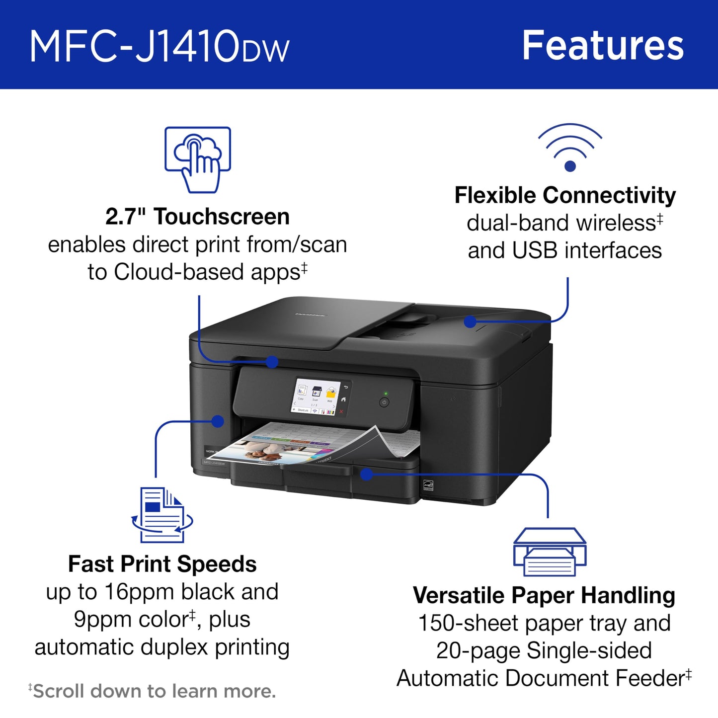 Brother Work Smart 1410 Wireless Color Inkjet All-in-One Printer with 2.7” Touchscreen and Automatic Duplex Printing | Includes Refresh Subscription Trial(1) (MFC-J1410DW)