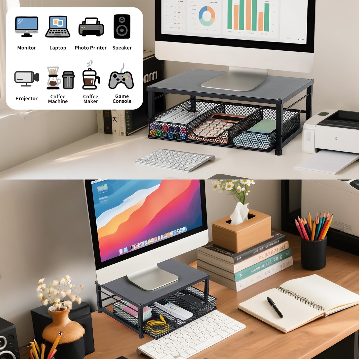 Small Laptop Stand for Desk, Monitor Stand Riser, Desk Organizer for Office Organization, Office Desk Accessories