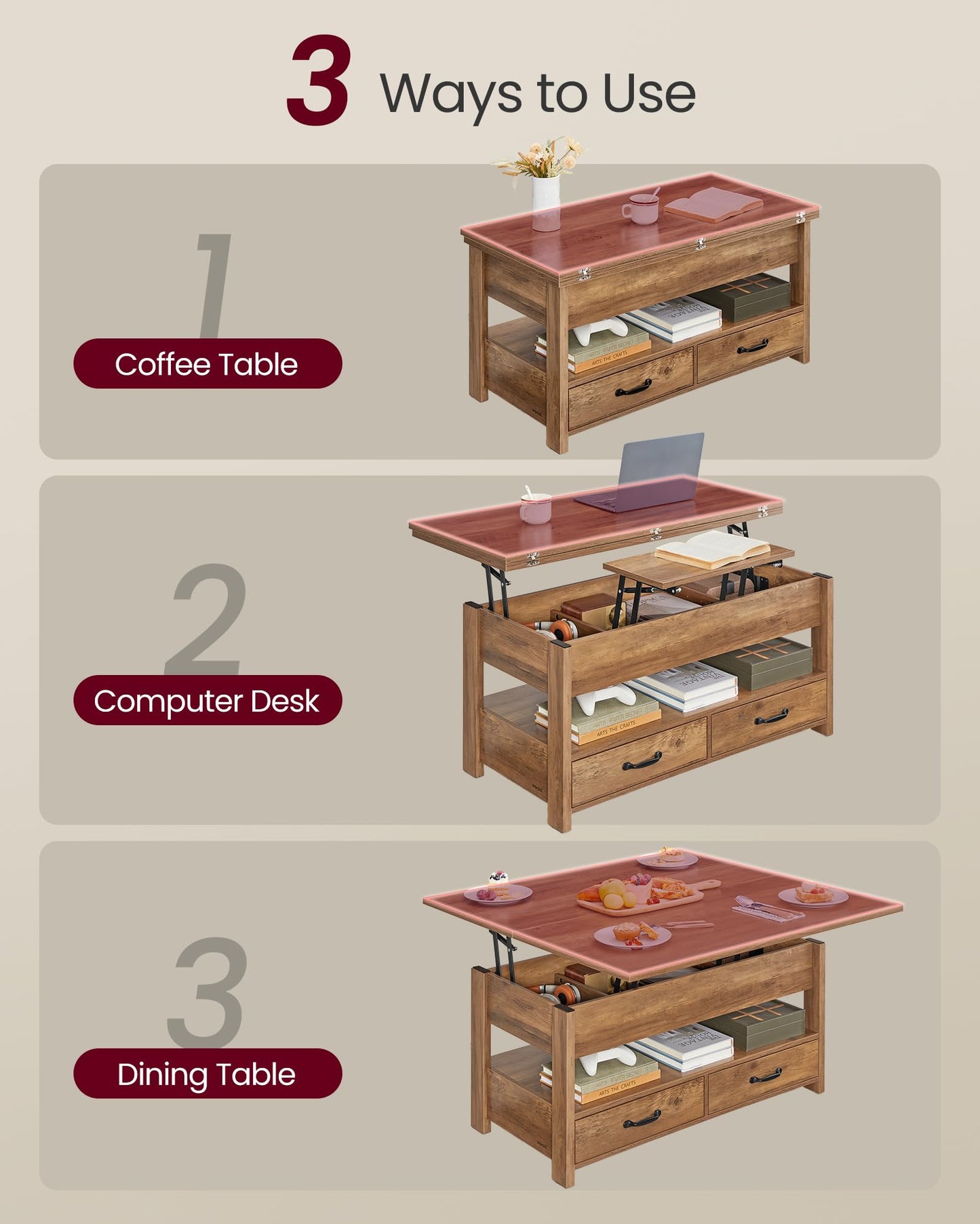 VASAGLE Coffee Table Lift Top, 3 in 1 Center Table with Storage, Gas Spring, 2 Drawers and 3 Hidden Compartments, Open Shelf, for Living Room, Home Office, Honey Brown ULCT254K01