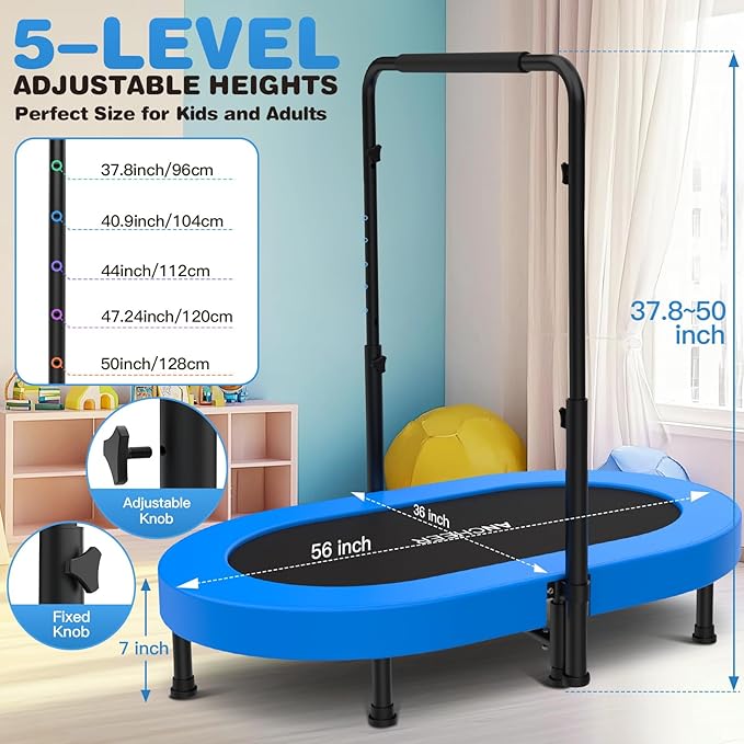 ANCHEER 56'' Foldable Mini Trampoline with Adjustable Handle - Indoor/Outdoor Rebounder for Kids & Toddlers Safe Oval Fitness Trampoline with Bar for Home Fun