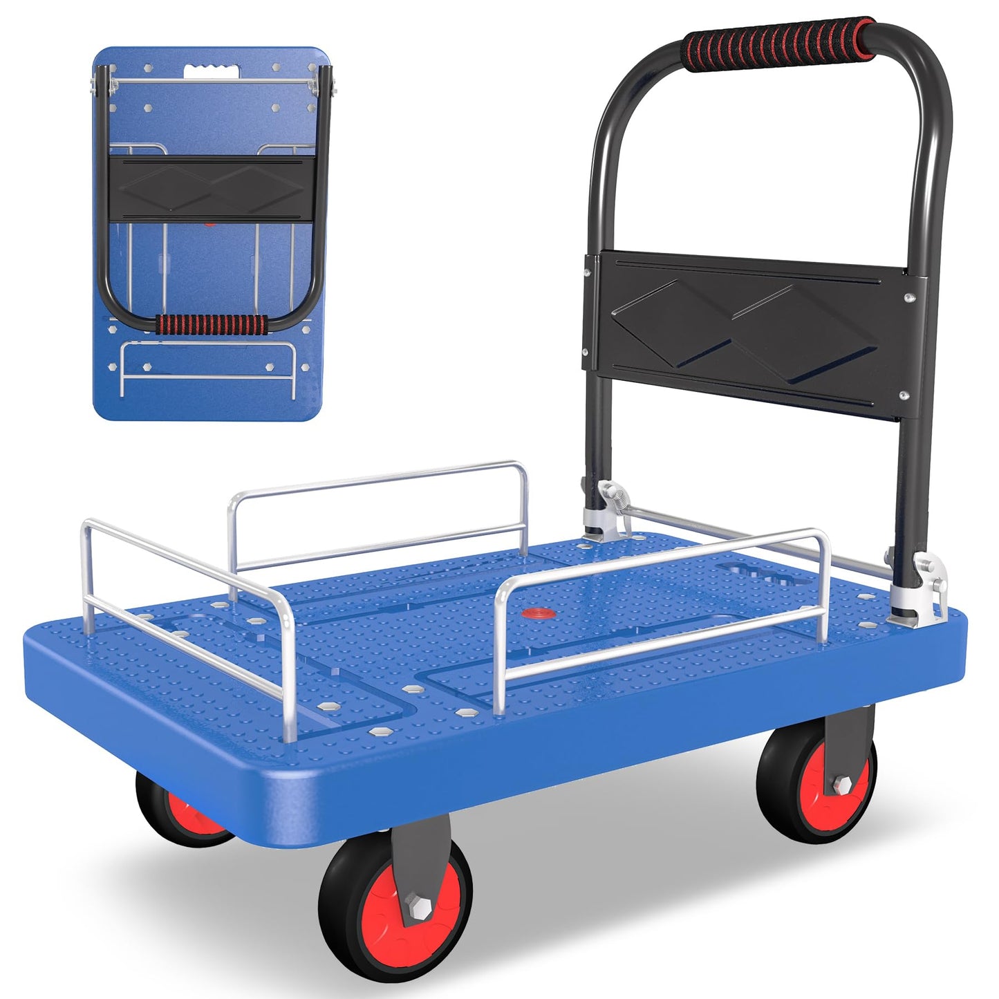 Platform Truck Cart with 3 Fence, 28"x19" Flatbed, 1100lbs Capacity Heavy-Duty Foldable Push Dolly Cart with Swivel Wheels, Foldable & Portable for Groceries, Garage,Home,Office Use, Blue