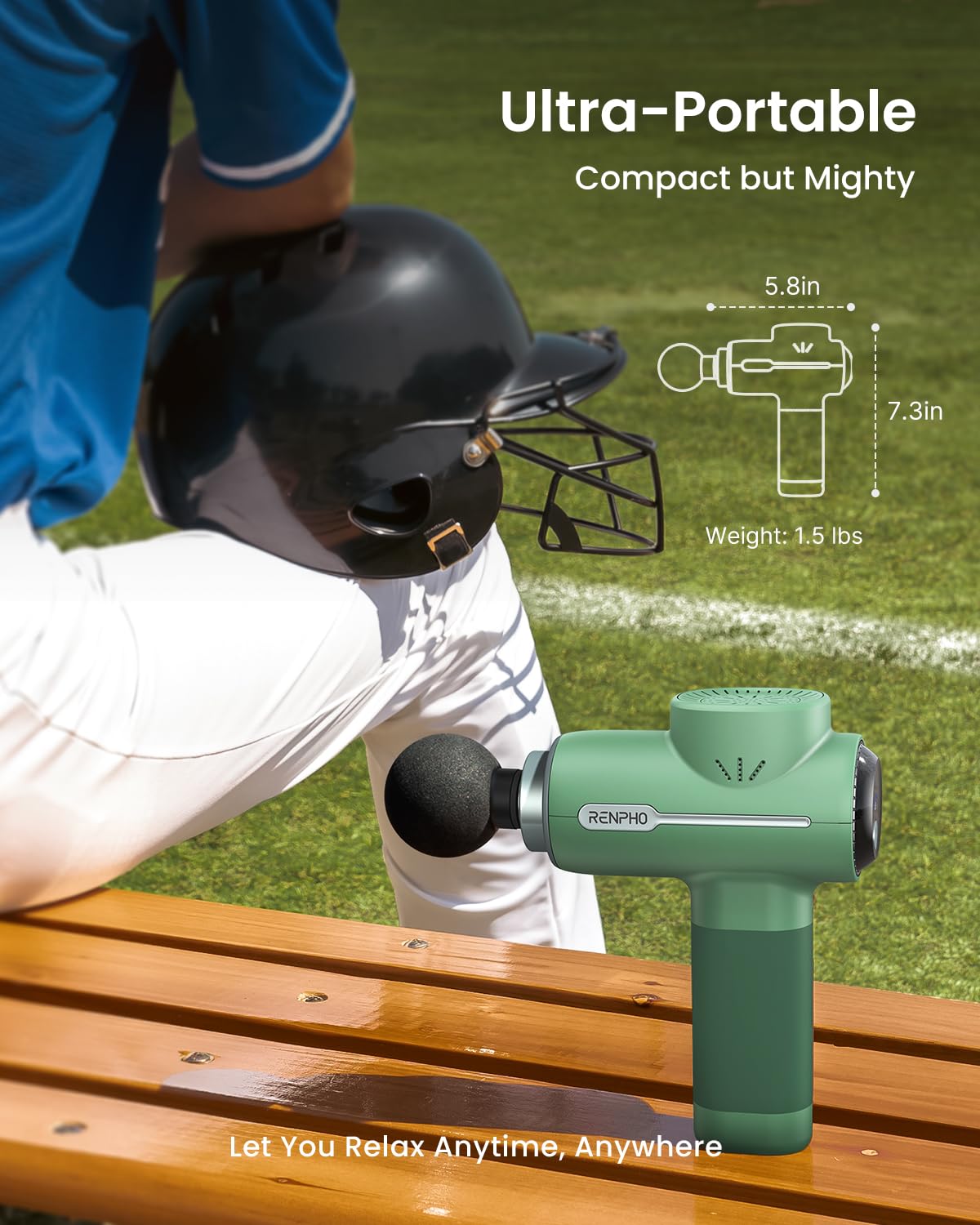 RENPHO Active Massage Gun, Fathers Day Dad Gifts, Deep Tissue Percussion Back Massager for Neck, FSA Approved, Portable Handheld Massager with 5 Speeds, HSA, 5 Attachments, Carry Case, Green