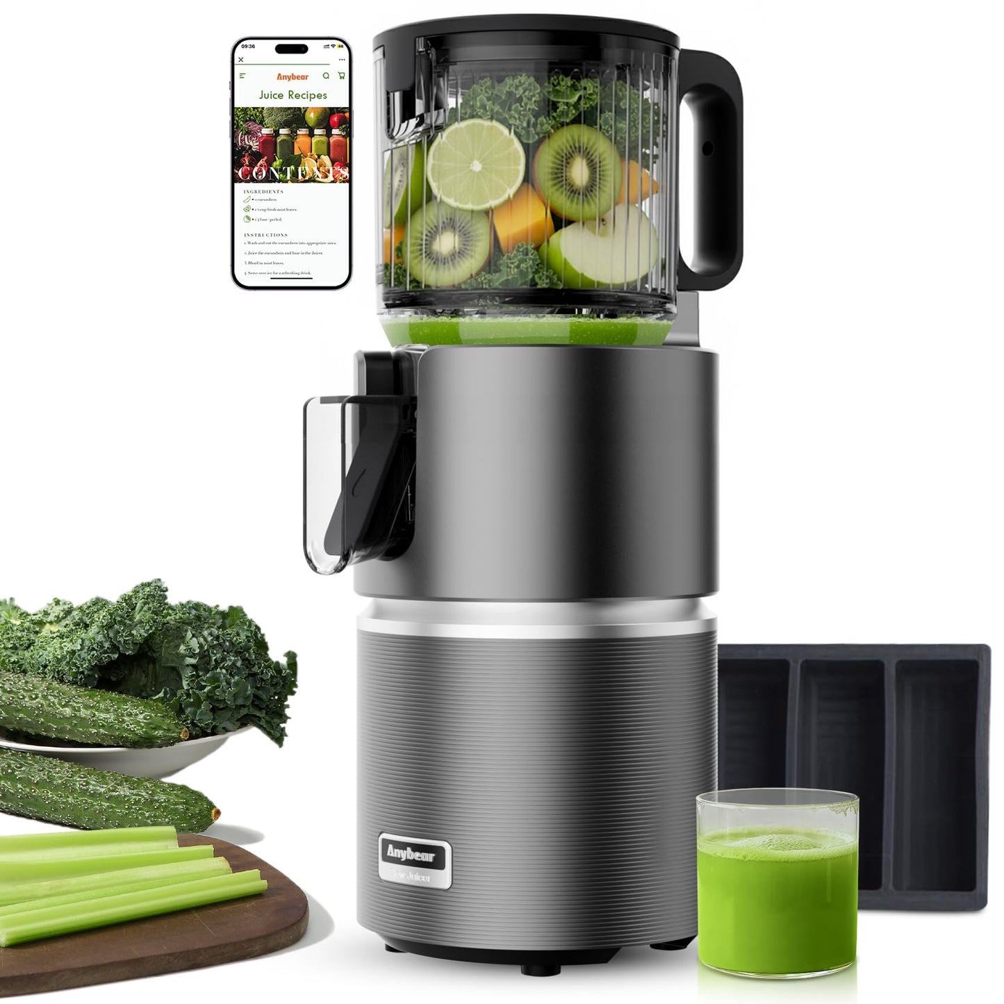 Anybear Cold Press Juicer with 4.9" Large Feed Chute, 350W Masticating Juicer Machines with Dual Slow-Squeezing Technology for Whole Fruits & Veggies with High Yield | BPA-Free Tritan(Dark Grey)