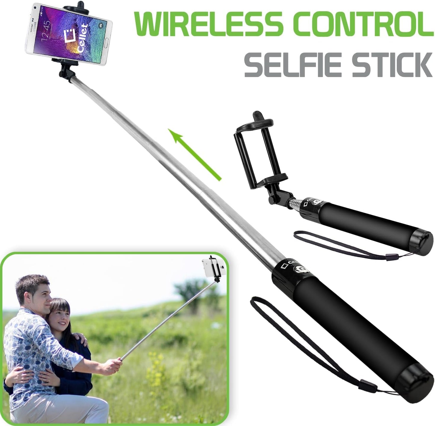 Cellet Selfie Stick Extendable Adjustable, for All Smartphones iPhones, Samsung Galaxy, Google Pixel, Go Pro