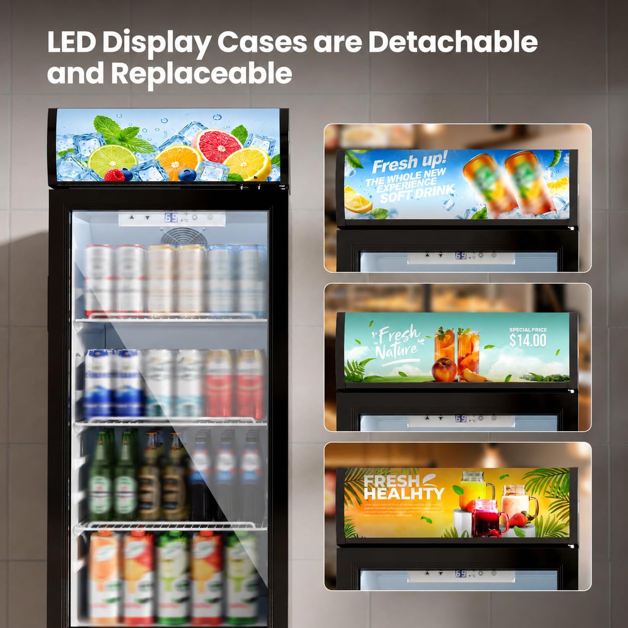 Kismile 9.1 Cu.Ft Large Commercial Refrigerator with Customizable Lightbox, Display Fridge with Wheels, Lock & Key, Double-Tempered Glass Beverage Refrigerator for Bar, Restaurant, Outdoor
