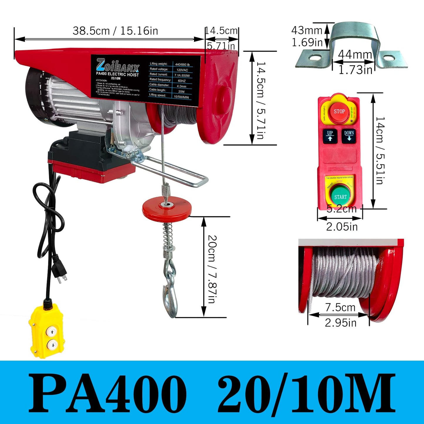 Electric Hoist Winch, 880 lbs 120V Electric Hoist with Remote Control,16ft/33ft Lifting Speed,328ft Wireless/Wire Electric Hoist for Garage,Warehouse,Factory,Construction Site, Attic