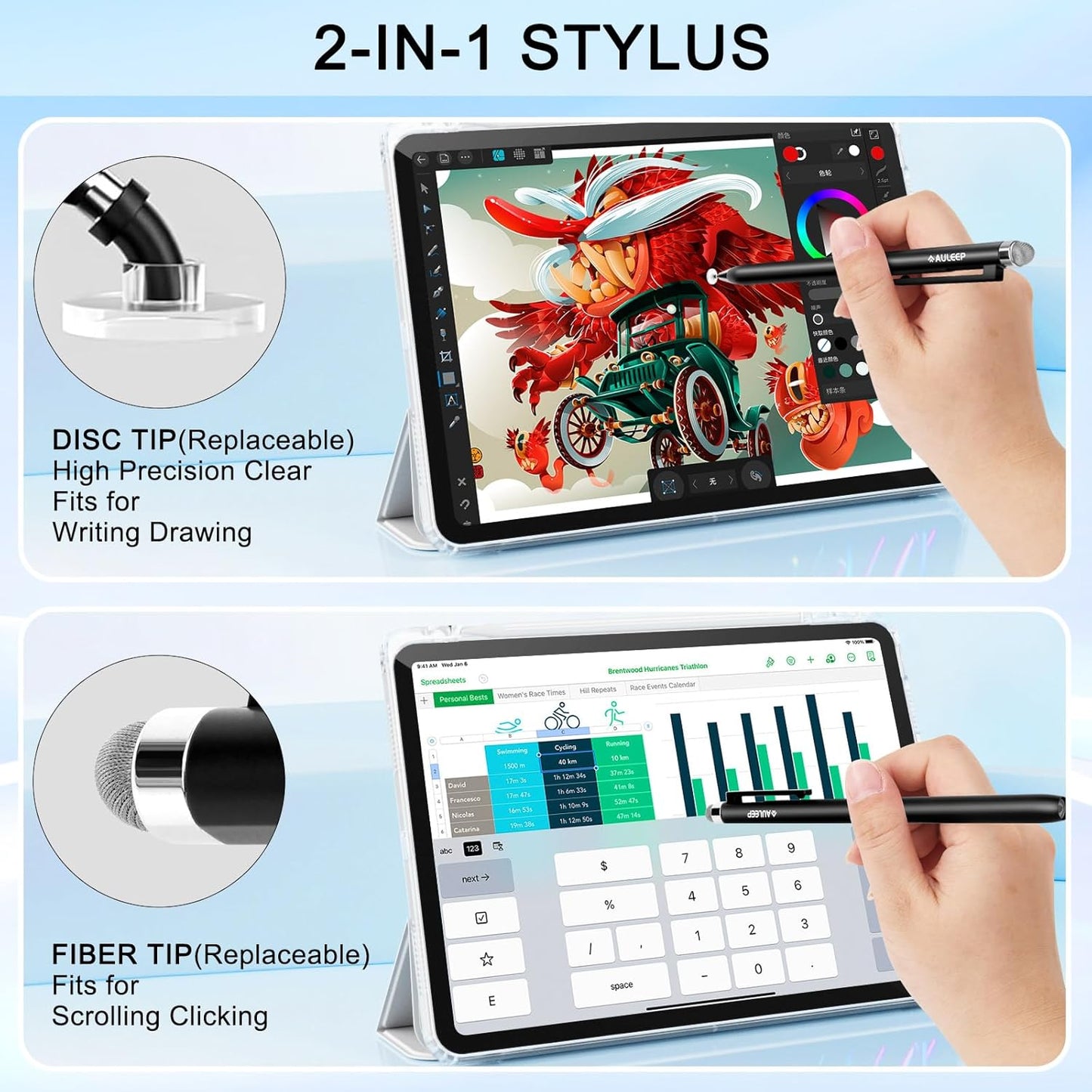 AULEEP 2-in-1 (2 Stylus (Fiber & Disc Tip) Stylus Pens for Touch Screen, High Sensitivity & Precision Capacitive Stylus