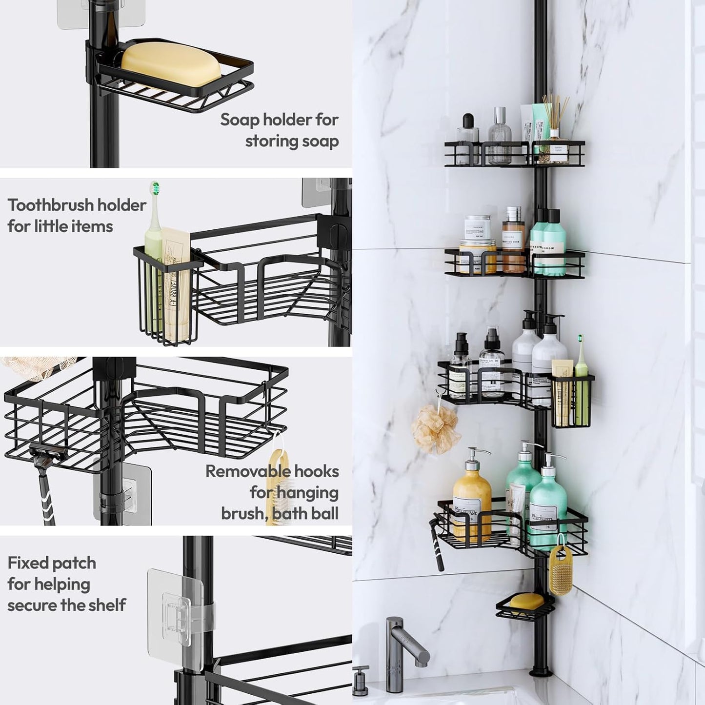 SWTYMIKI Shower Caddy Tension Pole - 4-Tier Adjustable Bathroom Organizer with Soap Holder & Hooks | Black 27.6-108.3 Inch