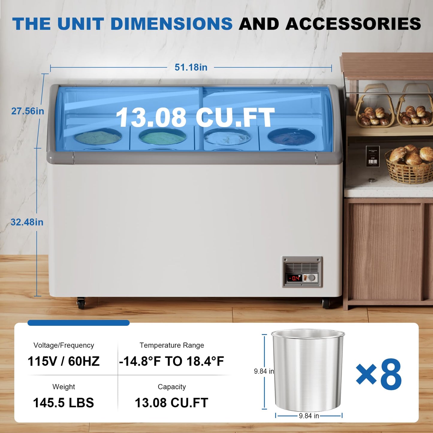 ECEVT Commercial Ice Cream Freezer, 13 Cu.Ft Ice Cream Dipping Cabinet Chest Freezer with Sliding Glass Top, 51'' with 8 * 3 Gallon Tubs, Rolling Wheels & Lockable Brakes for Business