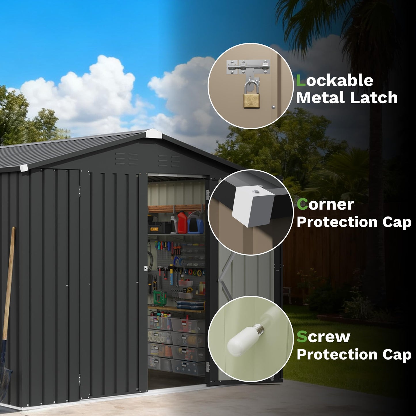 Patiowell 8x8 FT Outdoor Storage Shed, Heavy Duty Tool Metal Sheds with Lockable Doors and Updated Frame Structure for Backyard Patio Lawn, Black