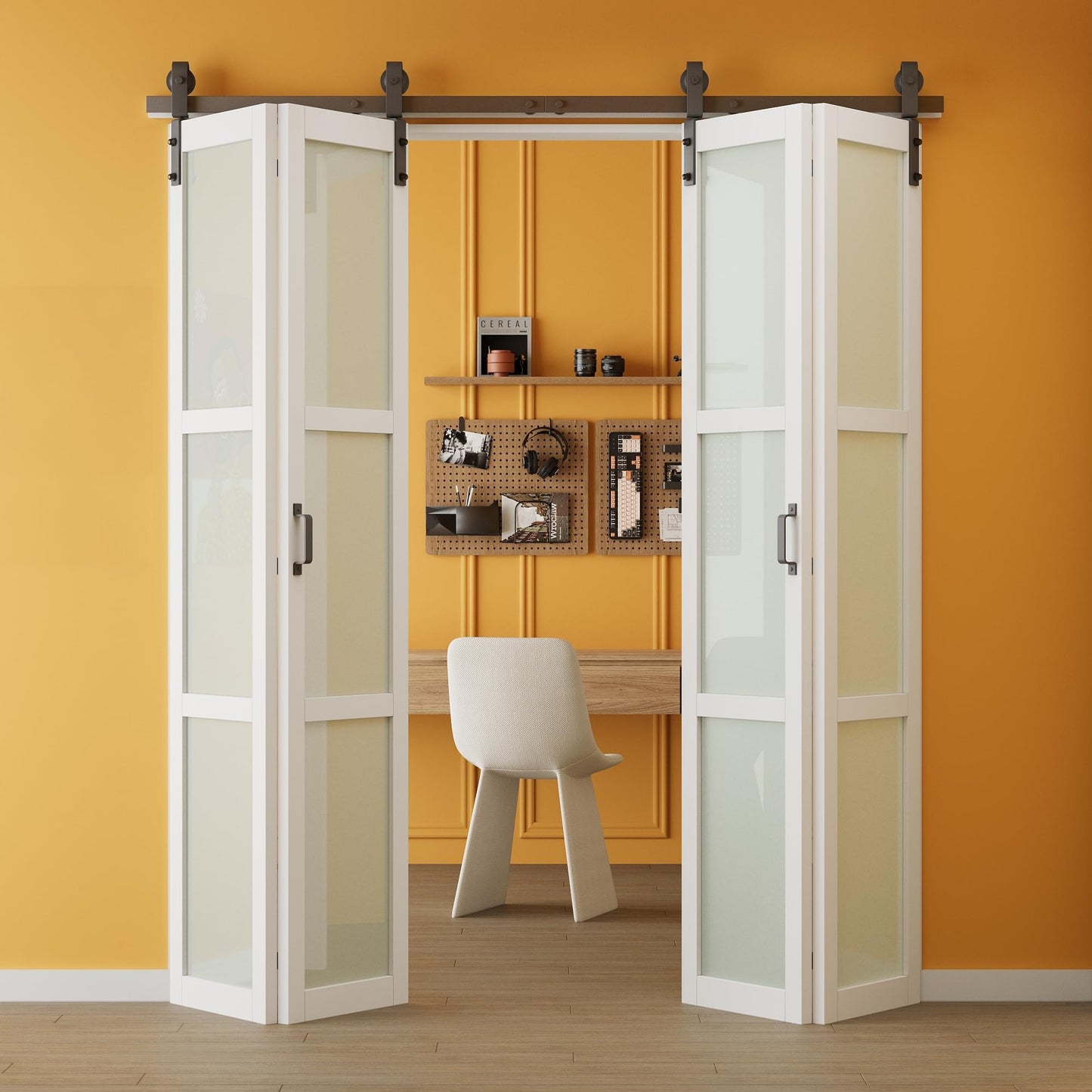Paintable Bifold Barn Doors, 50" x 84" Preassembled MDF Panels Bi Fold Barn Door with Sliding Hardware Kit Included, 3 Lite Tempered Frosted Glass Sliding Closet Doors for Pantry Laundry