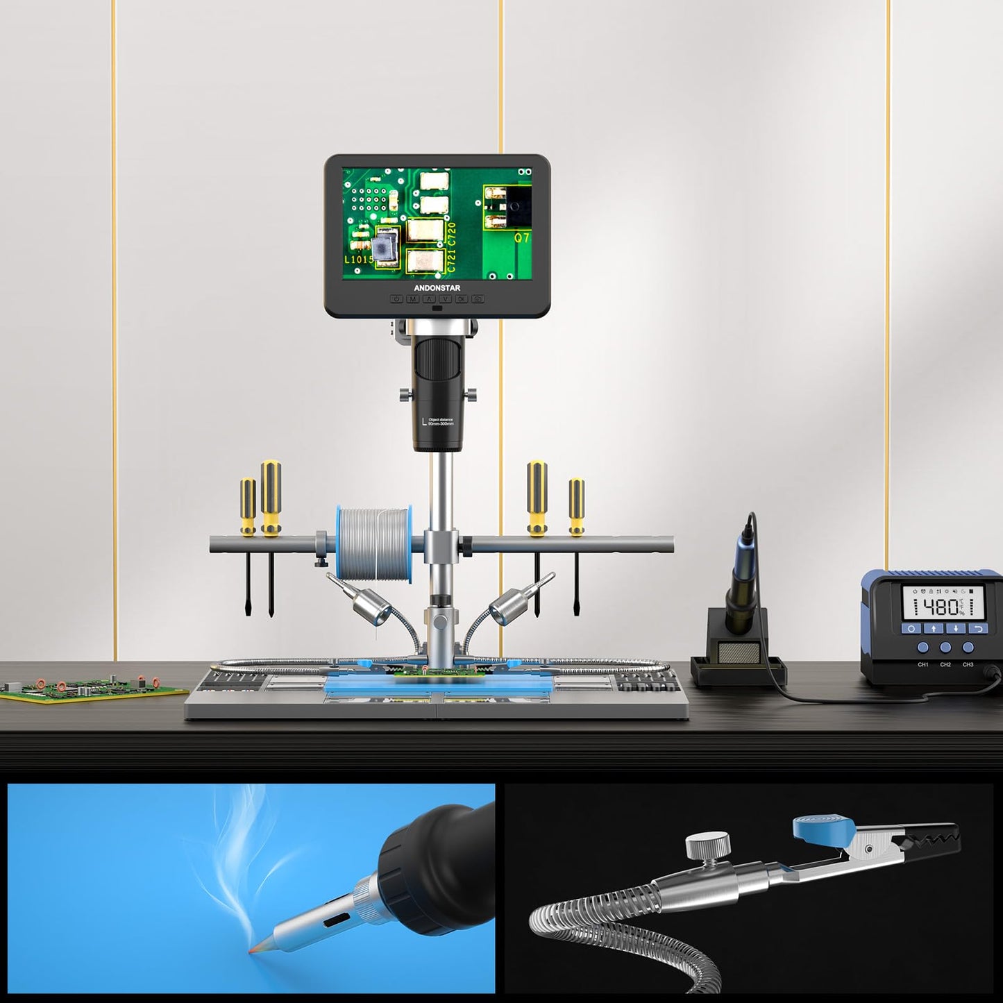 Andonstar 3 Lens 2160P UHD HDMI Digital Microscope 2000X, AD246SM-Plus Professional for PCB Circuit Board Soldering Microscope Station, Soldering Helping Hands, Tool Holder, 32G Card