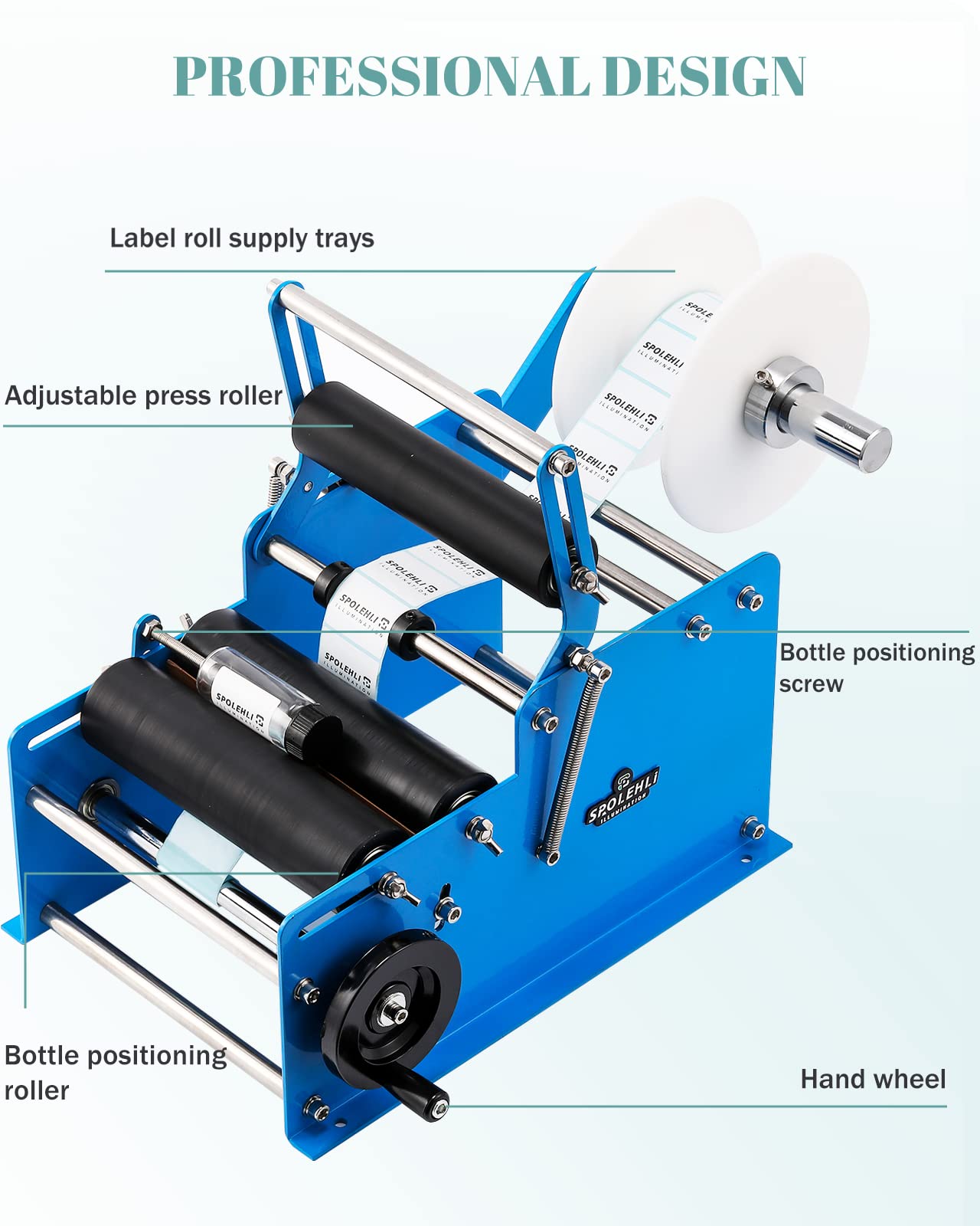 Spolehli Bottle Labeling Machine with Swing Arm, Manual Round Bottle Labeler Label Applicator Adjustable Self-Adhesive Labeling Machine for φ0.6-4.7” Cylinder (with Pressing bar)