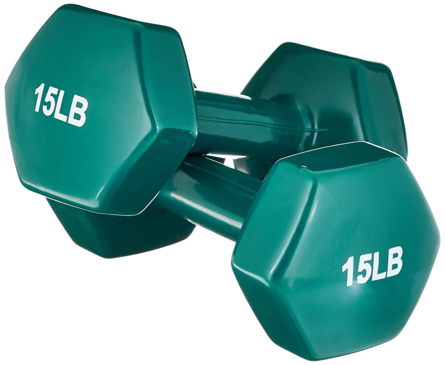 Amazon Basics Vinyl Coated Hexagon Dumbbell Hand Weights with Non-Slip Grip for Exercise, 15 Pounds, Teal, Pair
