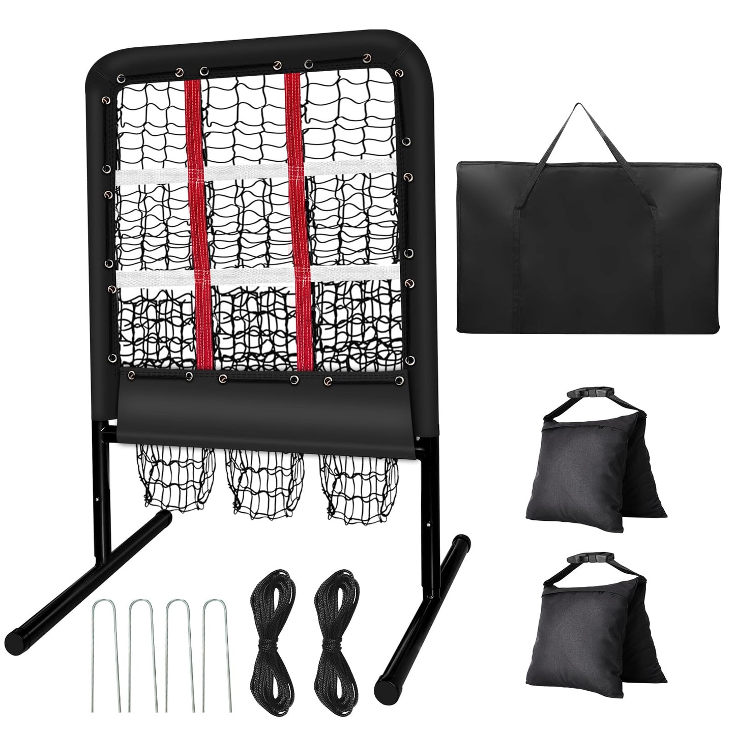 9 Hole Pitching Net with Strike Zone and Handbag, Fixed by 4 Ground Stakes & 2 Sandbags. Adjustable Heights (39-46in) for Pitching Target Net, Softball Training