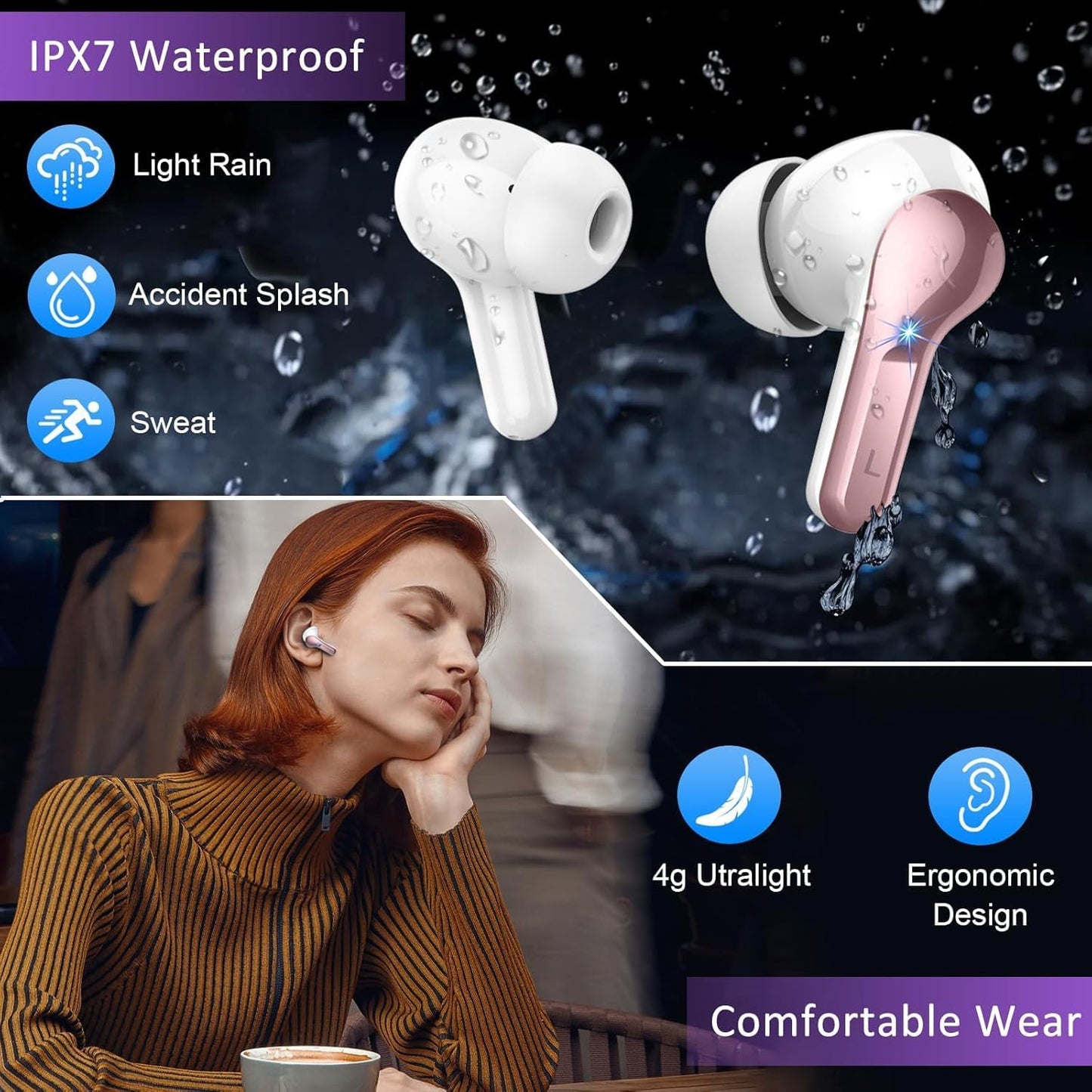 2025 4 IP7 Wireless Earbuds Bluetooth Headphones, Hi-Fi Stereo Deep Bass Ear Buds, ENC Noise Cancelling Mic, USB Fast