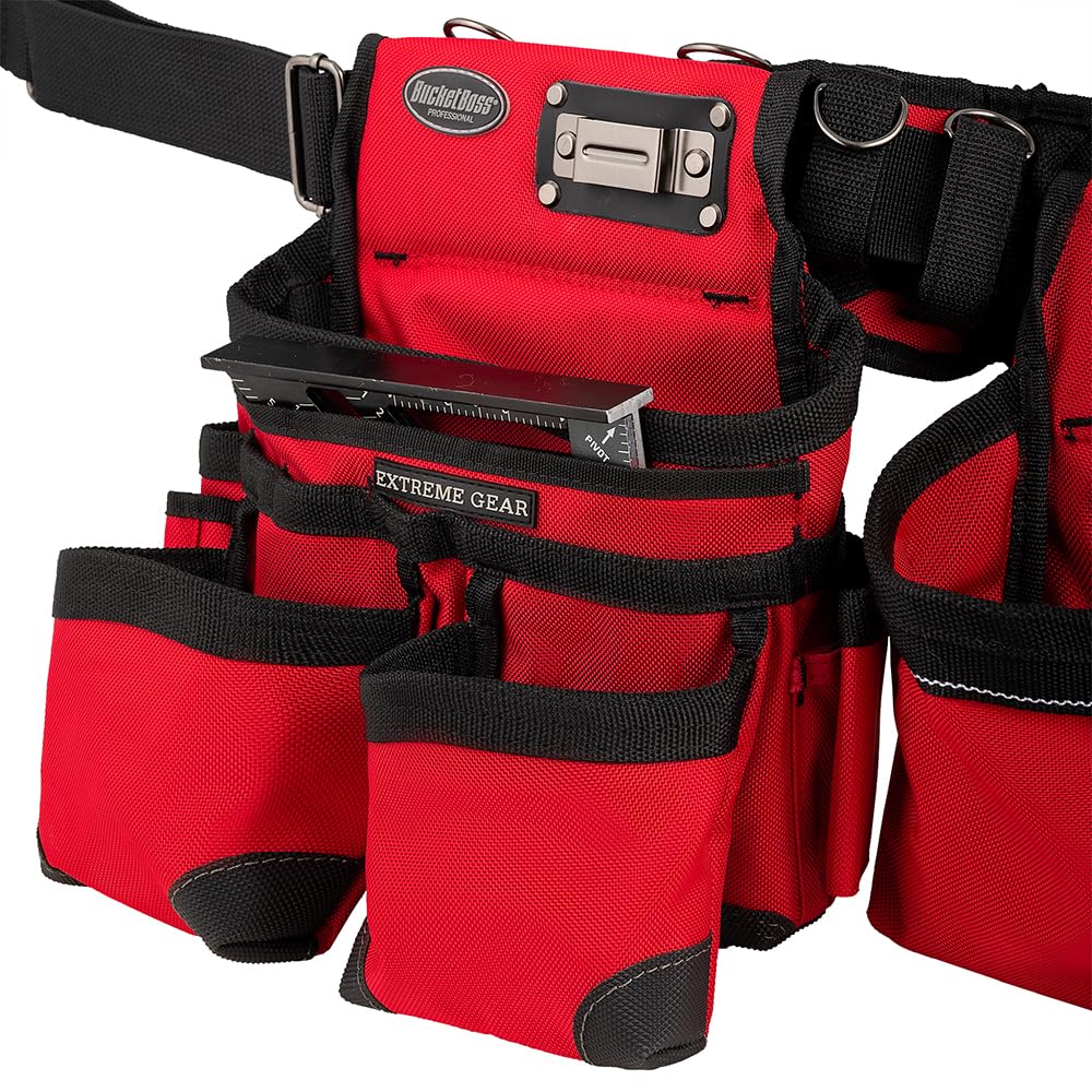 Bucket Boss 3 Tool Bag Tool Belt with Suspenders in Red, 55185-RD