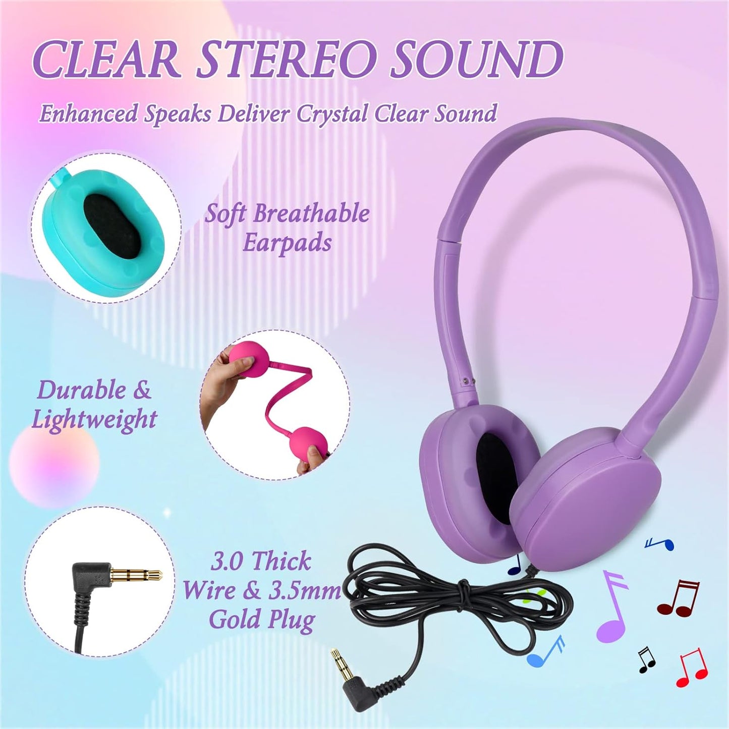 10 Pack 3.5mm (10 Headphones for Kids School Classroom Bulk Multi Colored,Wired Adjustable Student Headphones with Plug