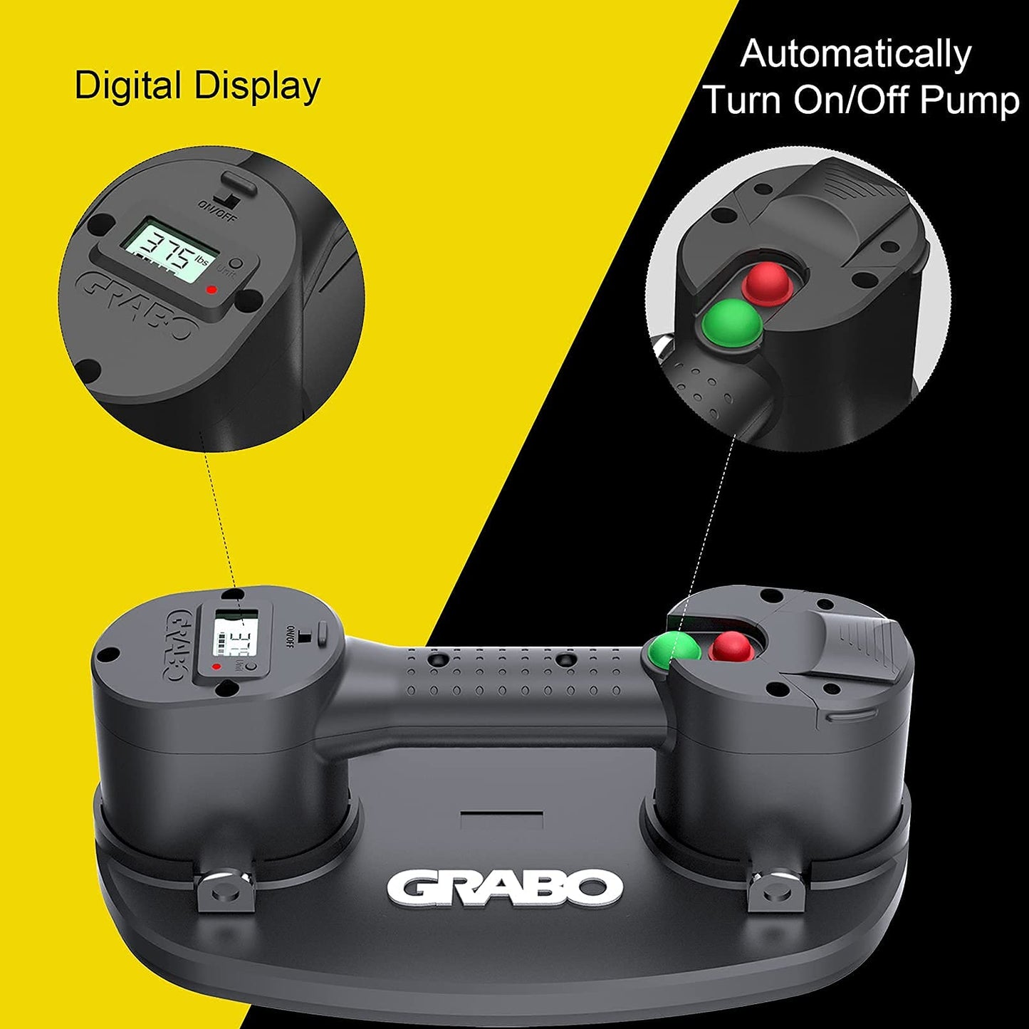 GRABO Pro Electric Vacuum Suction Cup Lifter With Automatic Turn On/Off Pump Function Digital Display Electronic Pressure Gauge for Wood Drywall Granite Glass Tile Heavy Lifting Tool