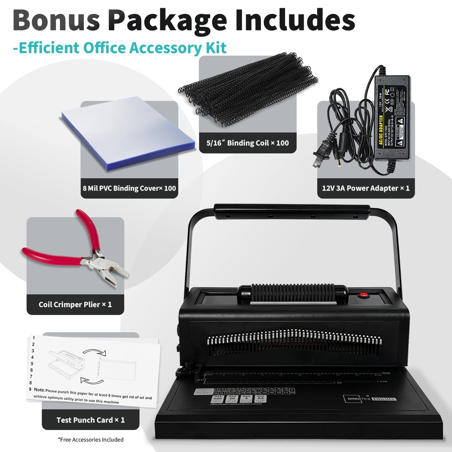 Binditek Spiral Binding Machine, Manual Punch & Electric Coil Inserter, 46 Disengageable Dies, Adjustable Side Margin, with 100 Pack 8Mil PVC Covers, 100 Pack 5/16'' Coils and Plier