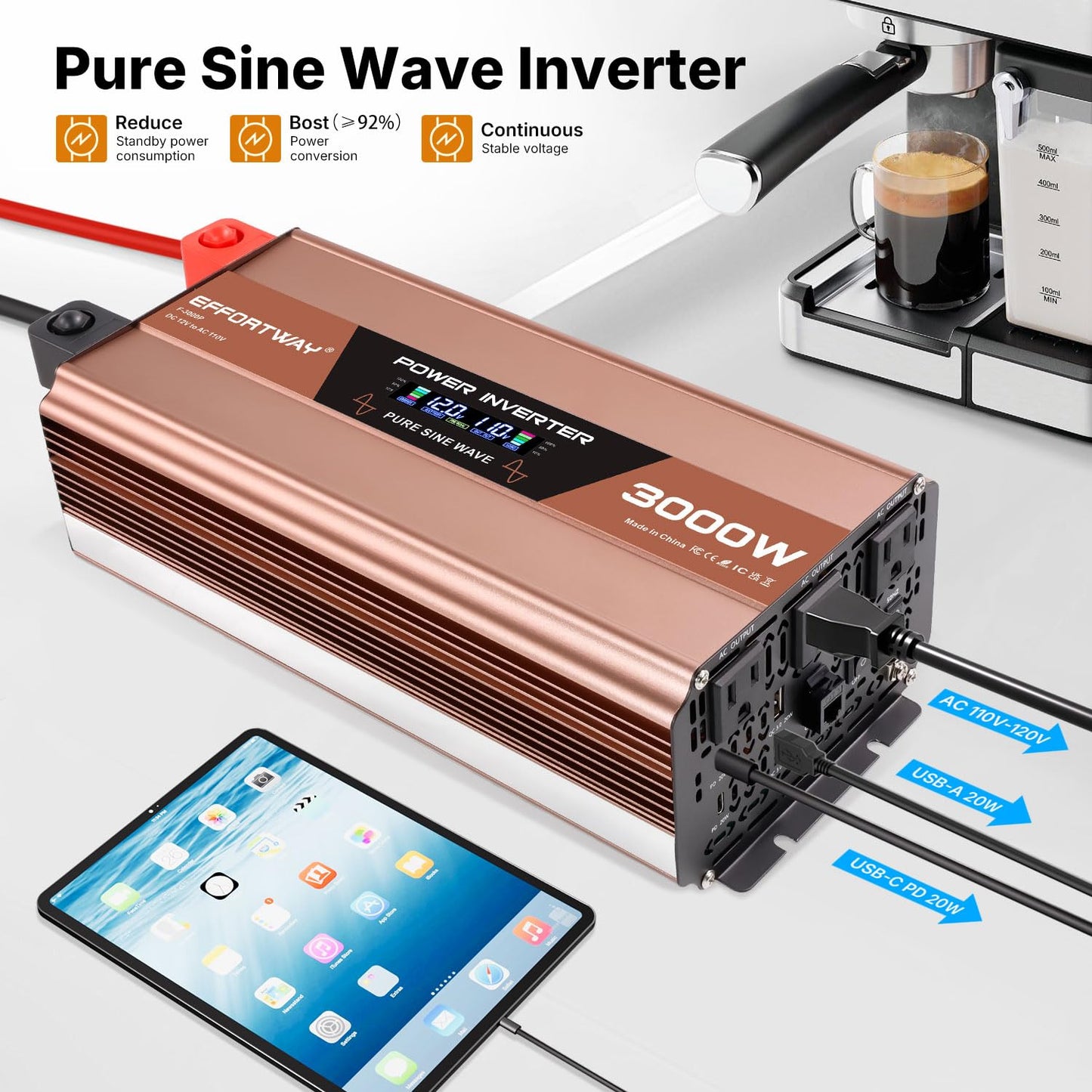 EFFORTWAY 3000W Pure Sine Wave Inverter, Inverter 12V DC to 110V/120V AC for RV, Outdoor, Home, Off-Grid, Inverter with 3 AC Outlet, Dual 20W USB-C, Dual 20W USB-A, Remote Controller