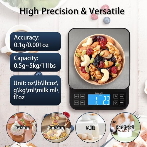 BOMATA High Precision Kitchen Scale - 5kg/11lb USB Rechargeable Bakery Scale with LCD Display