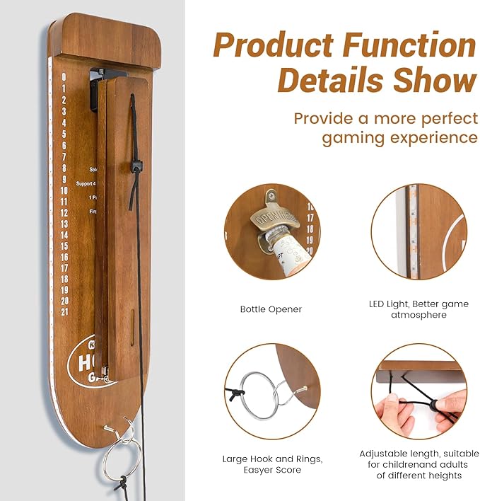 Ring Toss Game, Man Cave Decor, Solid Wood Wall Mounted Hook and Ring Game with Adjustable Rings & LED Lights, Ring Swing Game,Outdoor Games,Yard Games