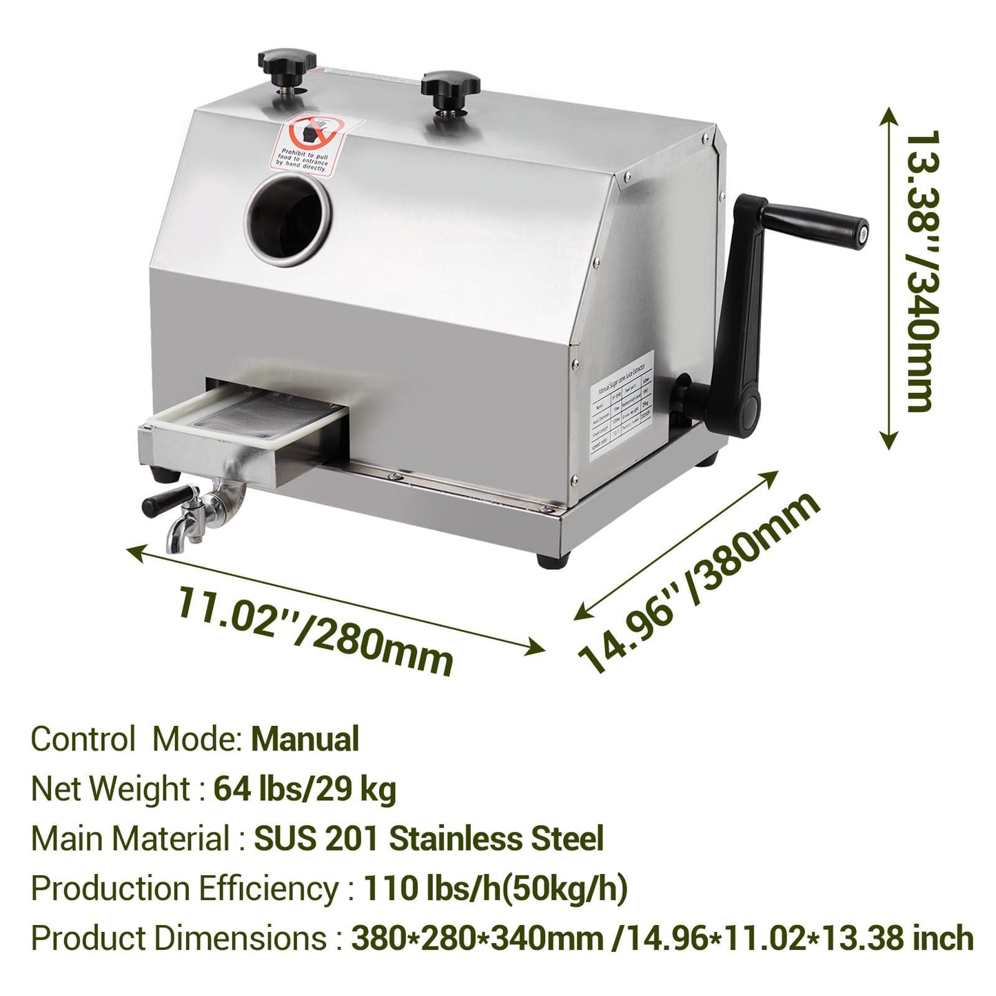 Manual Sugar Cane Juicer Machine, Commercial 110LBS/H High Output Sugar Cane Press, Sugarcane Juicer, 3 Stainless Steel Rollers, 2.4Inch Large Feeding Chute,Home&Commercial Extractor Squeezer
