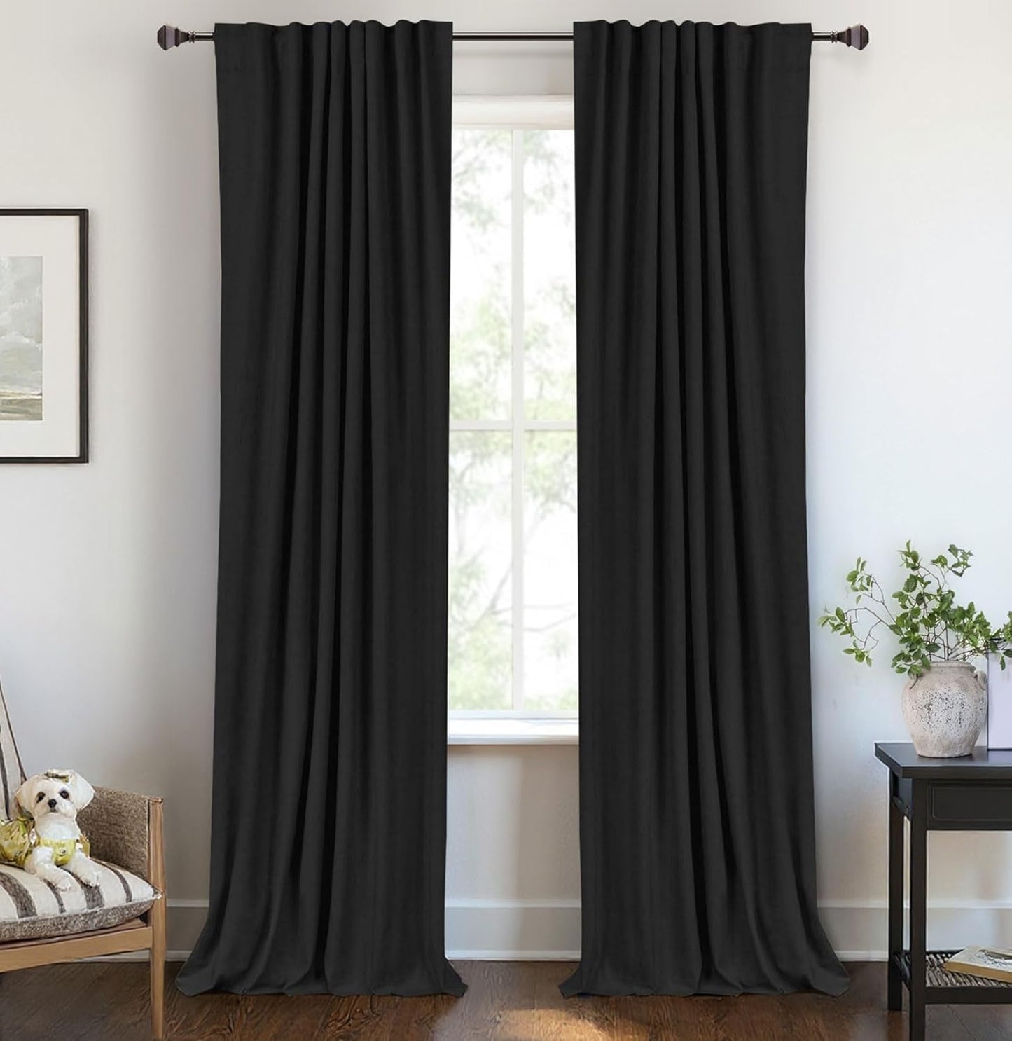 Skiennix 100% Blackout Linen Curtains - Thermal Insulated Drapes for Bedroom | 50" W x 96" L, Black