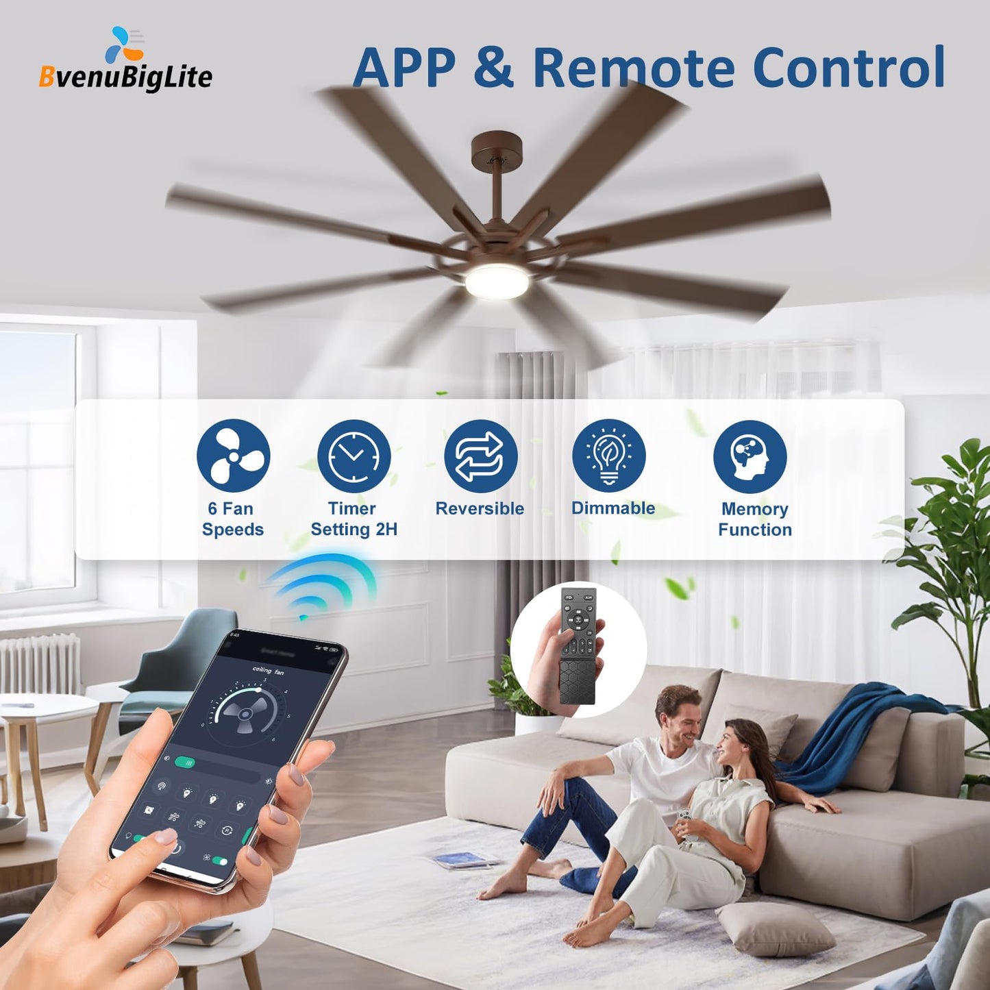 BvenuBigLite Large Ceiling Fans with Lights: Modern 72 Inch 8 Blade Outdoor Ceiling Fan with Remote APP Control - Dimmable Brown Big Fan light Indoor Reversible 6 Speed Quiet DC Motor