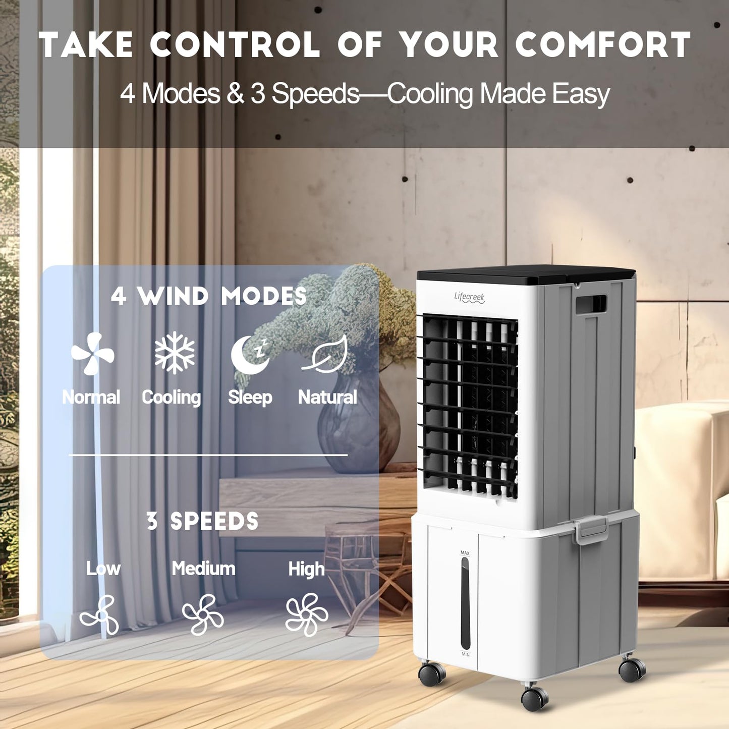 Lifecreek Portable Air Conditioner, 3-in-1 Evaporative Air Cooler with 3.2 Gal Water Tank, Windowless Portable AC Fan with 6 Ice Packs, Remote, 12H Timer, 3 Speeds, 4 Modes for Room Bedroom Office