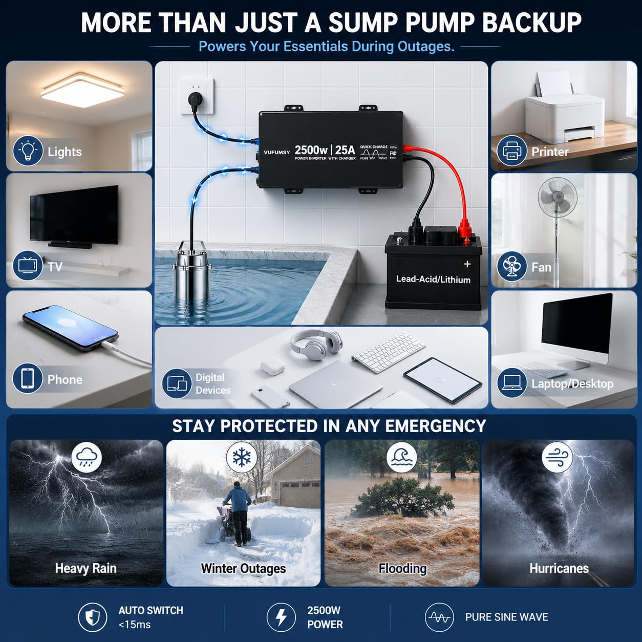 2500W Sump Pump Battery Backup System, Dual Pump Backup (1HP + 1/3HP), Pure Sine Wave Inverter, 15ms Automatic Transfer Switch, Basement Flood Protection, Works with Lithium/AGM/Lead Acid, Black