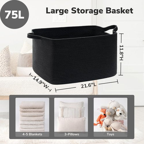 Goodpick Large Woven Blanket Basket - Stylish Storage for Toys & Laundry | 21.6" x 14.9" x 11.8" | Black