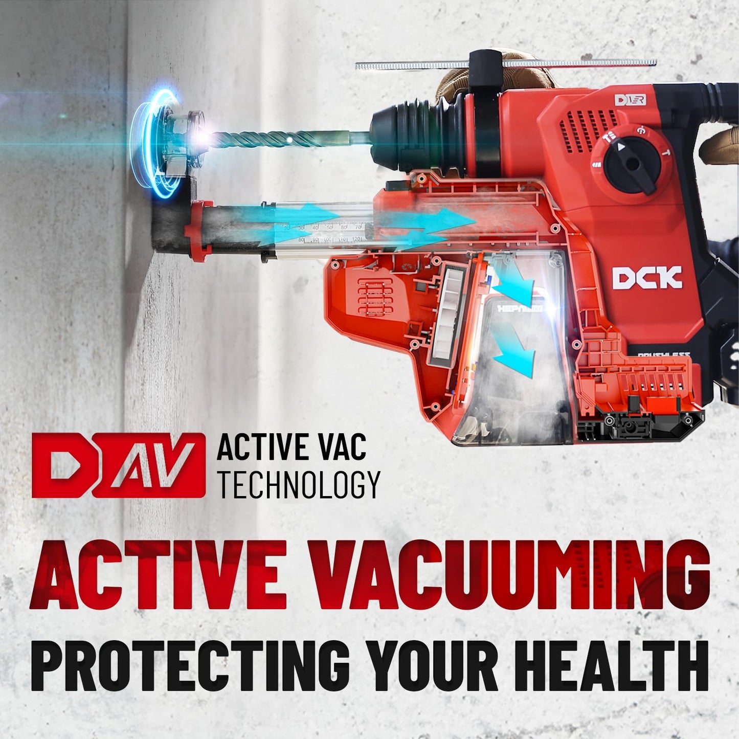 DCK 20V Cordless Rotary Hammer with Dust Collector, 15 in³ Dust Collection Box, 5-Inch Stroke, 2.8J Impact Energy, Brushless SDS Plus Hammer Drill with 6Ah Battery 4A Charger 4 Drill Bits 2 Chisels