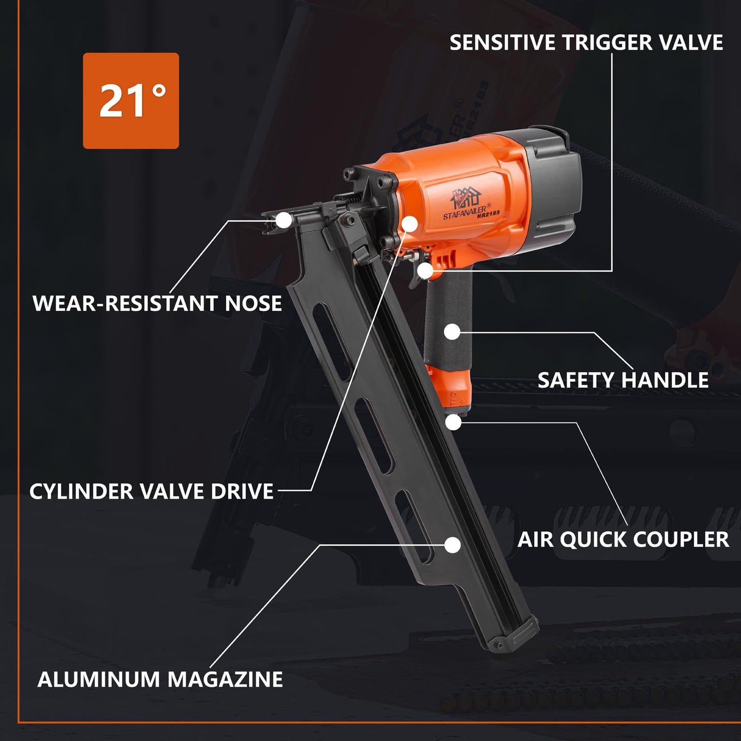 Stafanailer NR2183 High Speed Framing Nailer with Aluminum Magazine, 21 Degree Pneumatic Framing nail gun, 2-Inch up to 3-1/4-Inch Collated Full Head Framing Nails, Framing, Wooden House Building