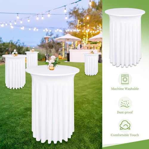 LOKUME 4 Pack Round Cocktail Table Skirts 32 x 43 Inch White Spandex Stretch Cocktail Tablecloth with Wavy Drapes Stretch Fitted Round High Top Table Covers for Wedding Bar Party Banquet