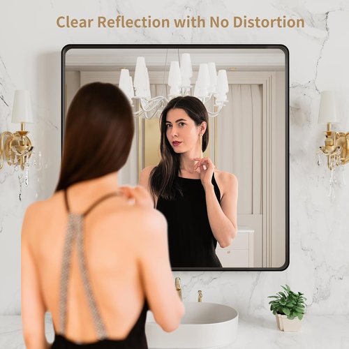 LOAAO Black Metal Framed Bathroom Mirror - 38x38 Inch Rounded Rectangle, Anti-Rust, Versatile Hanging Options