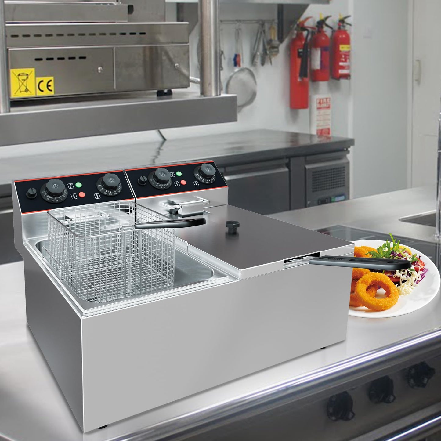 23 QT Commercial Deep Fryer with Double Baskets and Lid, Electric Stainless Steel Countertop Commercial Oil Fryer, Adjustable Temperature Control, for Kitchen and Restaurant